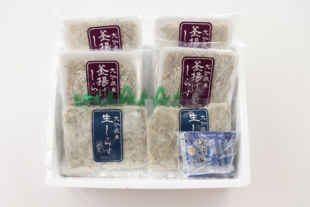 大分県産の生ちりめんと釜揚げしらすがパックに入った、しらす丼セットの内容量画像。新鮮な海の幸を冷凍でお取り寄せし、ご飯のお供に。