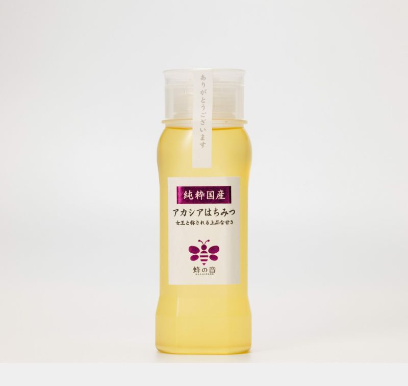 アカシアの花を蜜源とした「国産アカシアはちみつ」の画像。やさしい香りとクセのない穏やかな甘さが特徴で、結晶しにくい単花蜜。