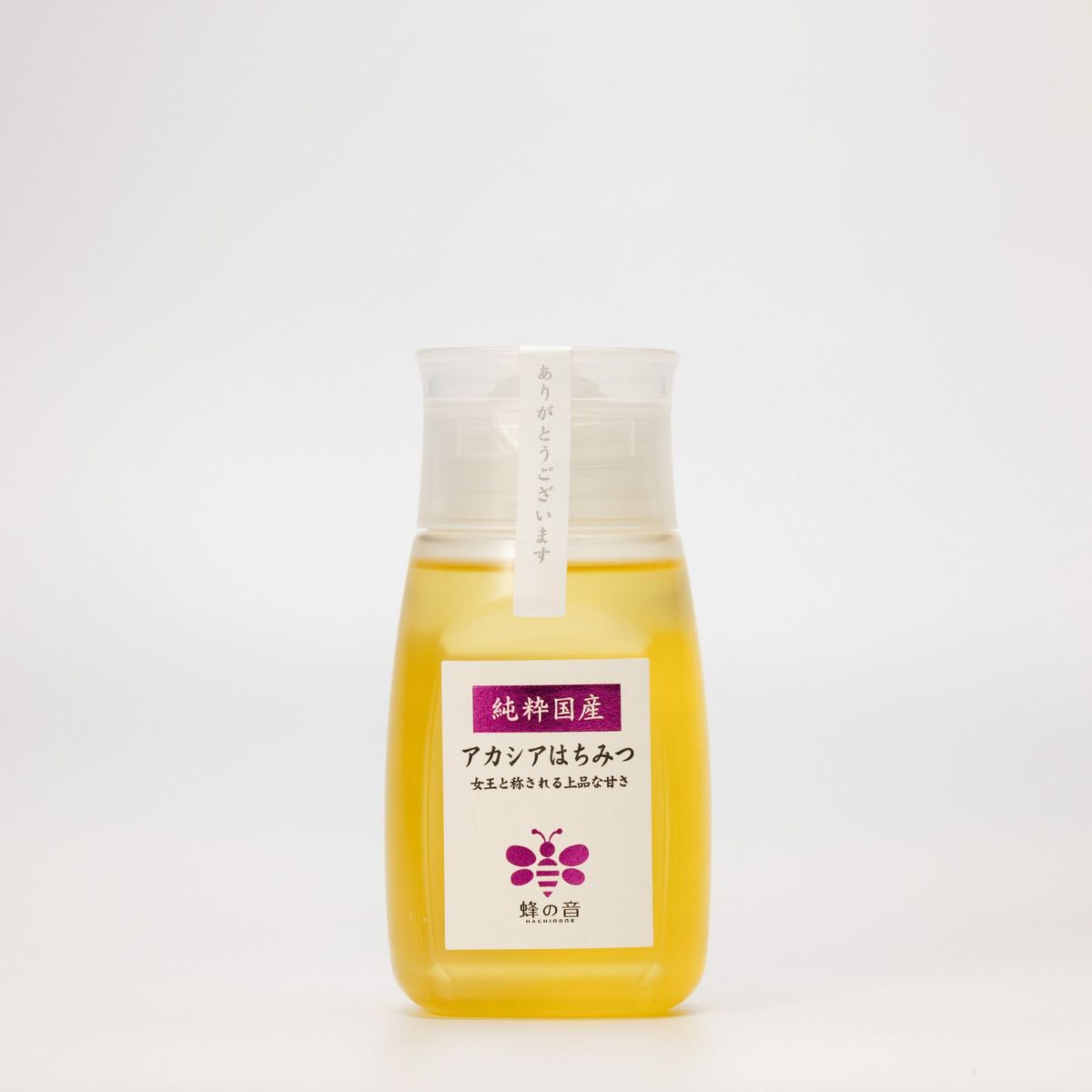 アカシアの花を蜜源とした「国産アカシアはちみつ」の画像。やさしい香りとクセのない穏やかな甘さが特徴で、結晶しにくい単花蜜。