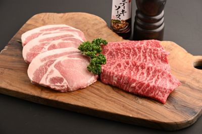 大分県のブランド牛「おおいた和牛」と「奥豊後豚」のステーキ肉を皿に盛り付けた画像。霜降りが美しい和牛と良質な豚肉、ステーキソースがセットになった合計900gの豪華セット。