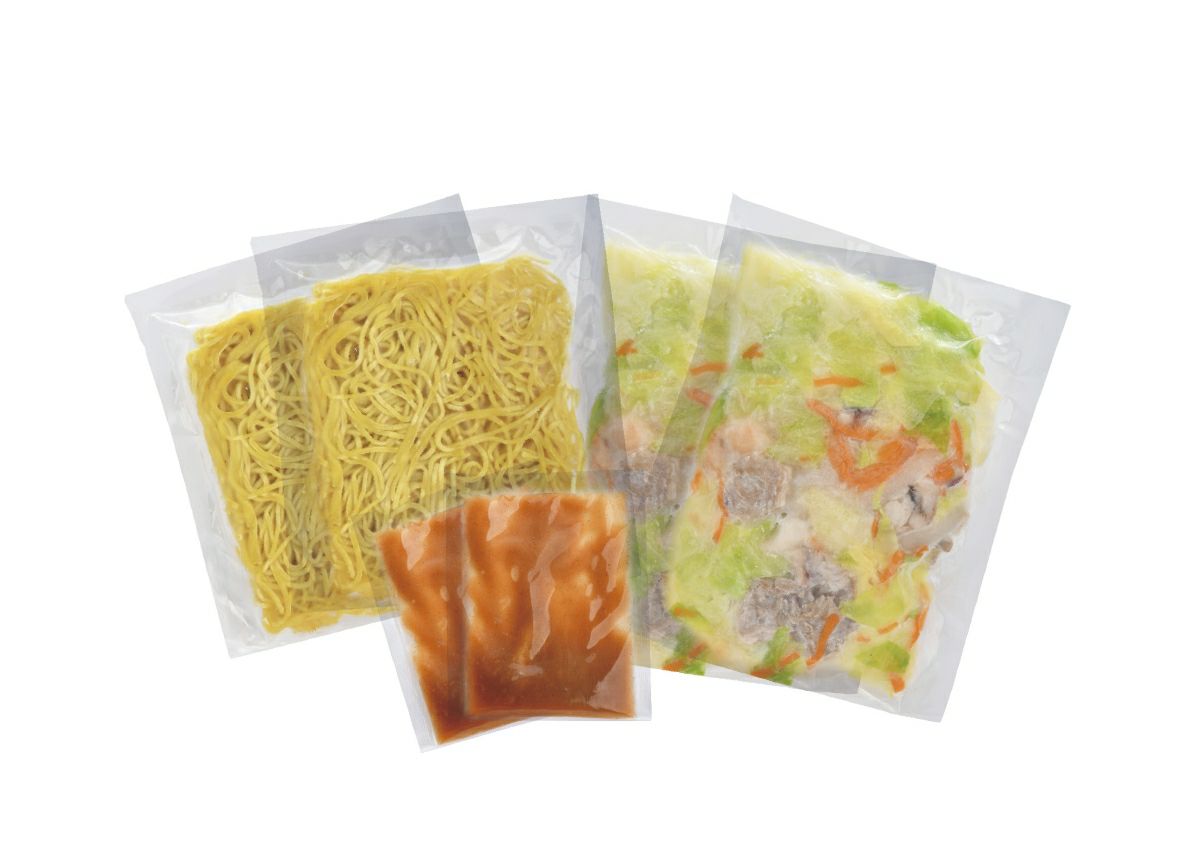 「うた乃」の「和風野菜ちゃんぽん」の麺、スープ、具材などが個別にパックに詰められた内容量画像。ご自宅で手軽に本格的な和風ちゃんぽんを楽しめるセット。